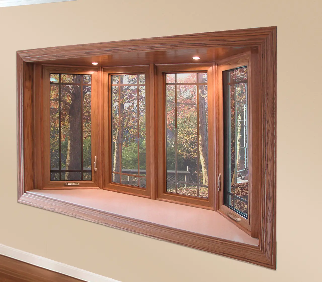 A wooden Window frame with a comfortable window seat, providing a perfect spot for relaxation and enjoying the view.