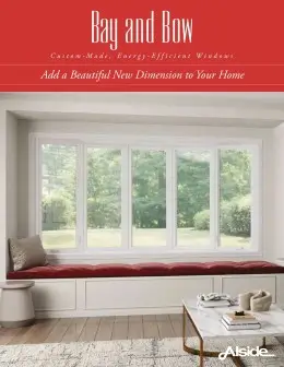 Alside Bay and Bow Windows brochure cover featuring a bright room with a large, five panel white window unit and a built in window seat with a red cushion.