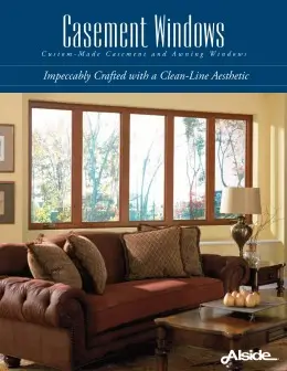 Alside Casement Windows brochure cover featuring a warm living room with a brown leather sofa and a large five panel wood framed window unit.