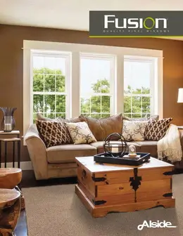 Alside Fusion Quality Vinyl Windows brochure cover showing a warm living room interior with three white double hung windows behind a beige sofa.
