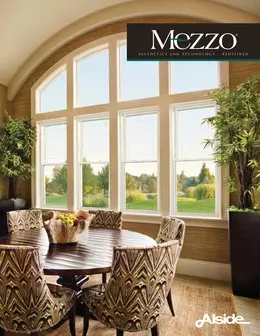 Alside Mezzo® Windows brochure cover featuring a bright dining room with a large custom arched window configuration overlooking a green landscape.