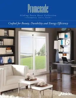 Alside Promenade® Sliding Patio Door Collection brochure cover featuring a modern living space with a white sliding glass door overlooking a lakeside lawn.