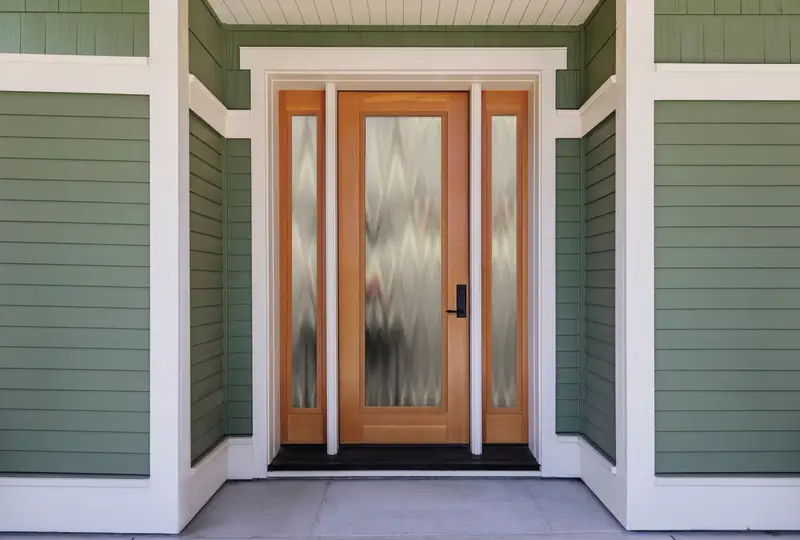 A wooden Door on a green house, showcasing a rustic design against a vibrant backdrop.