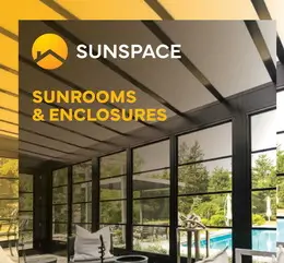 Sunspace Sunrooms brochure cover showing a modern Sunroom interior with black framed windows overlooking a pool.