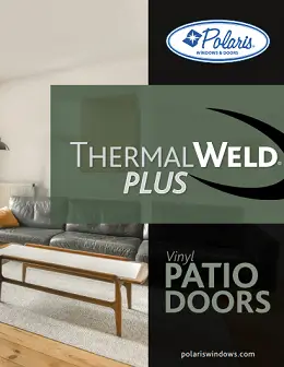 Polaris ThermalWeld Plus Vinyl Patio Doors cover featuring a modern living room with a dark leather sofa and mid-century wood coffee table.