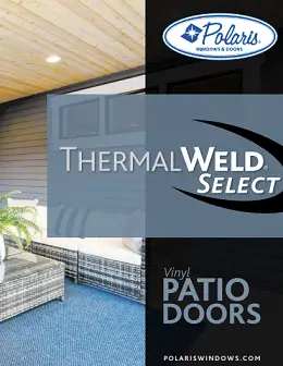 Polaris ThermalWeld Select Vinyl Patio Doors brochure cover featuring a stylish covered porch with modern wicker furniture and a blue rug.
