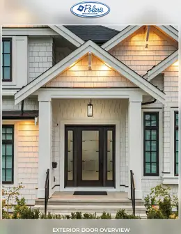 Polaris Exterior Door Overview brochure cover showing a modern craftsman home with a dark glass-paneled entry door and sidelights under a gabled porch.