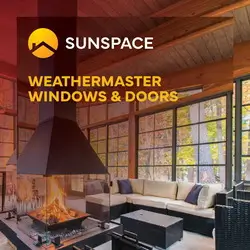 Sunspace WeatherMaster™ Windows & Doors brochure cover showing a cozy Sunroom interior with a modern central fireplace and floor to ceiling glass.