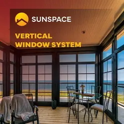 Sunspace Vertical Window System brochure cover showing a Sunroom interior with black framed windows overlooking the ocean.