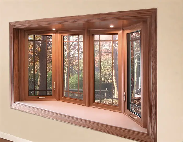 A wooden Window frame with a comfortable window seat, providing a perfect spot for relaxation and enjoying the view.