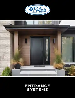 Polaris Windows & Doors Entrance Systems brochure cover showing a modern home exterior with a sleek black front door, sidelight, and wood paneled porch.