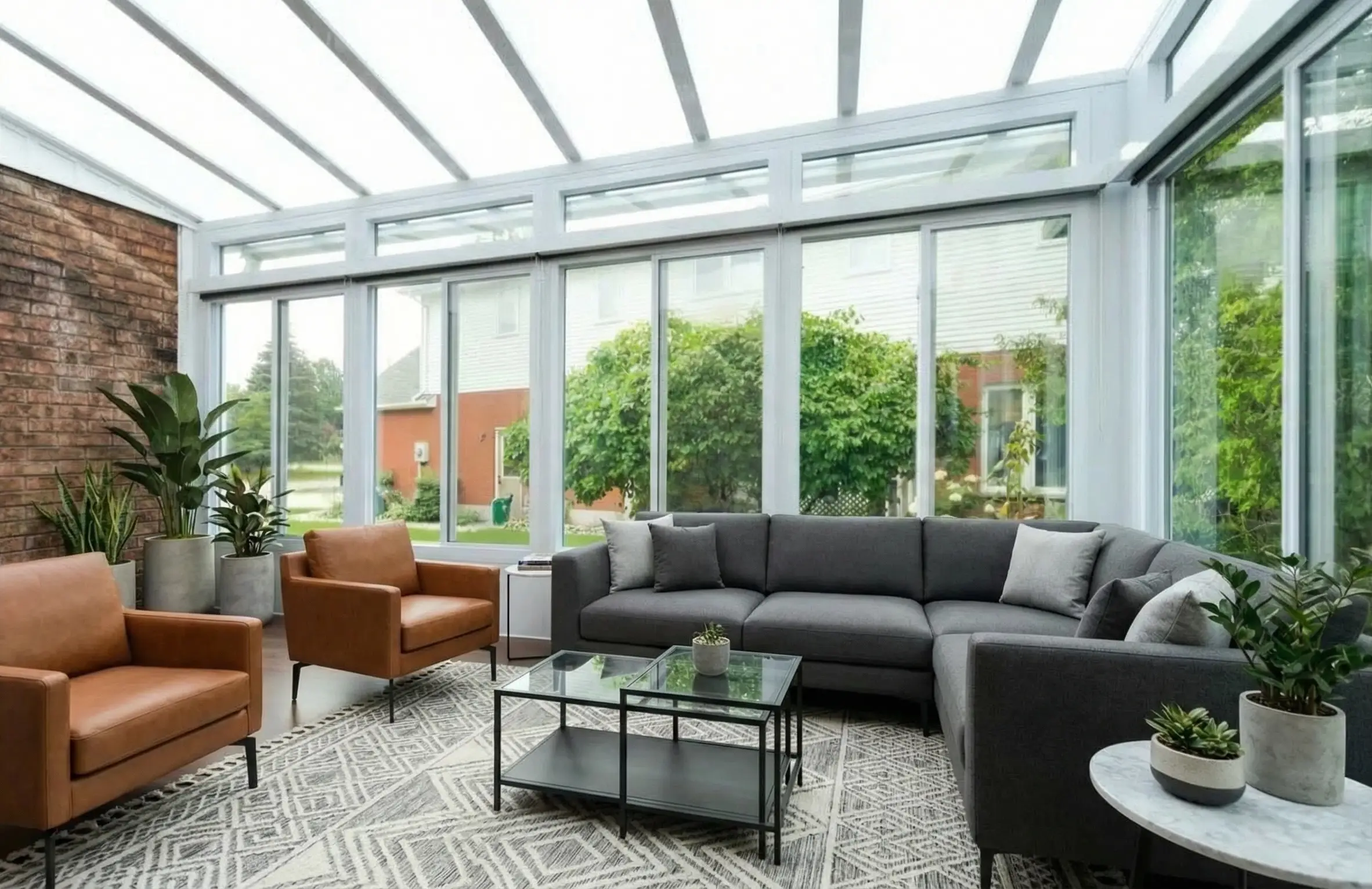 A modern Model 300 sunroom featuring a white aluminum frame, an glass roof system, and integrated WeatherMaster™ windows overlooking a suburban backyard.