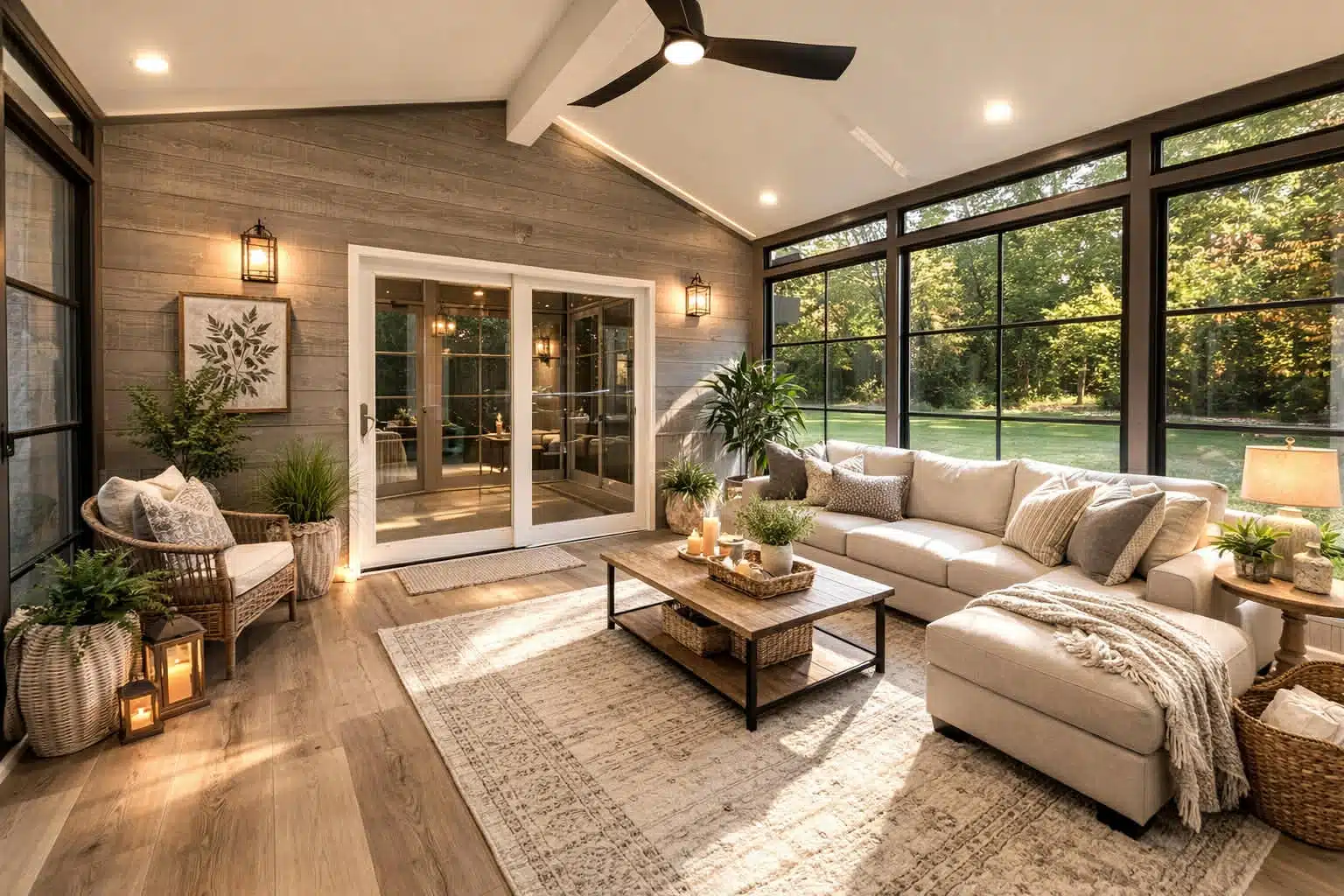 A cozy sunroom with Model 200 vinyl windows, wood-paneled walls, and a large beige sectional sofa.